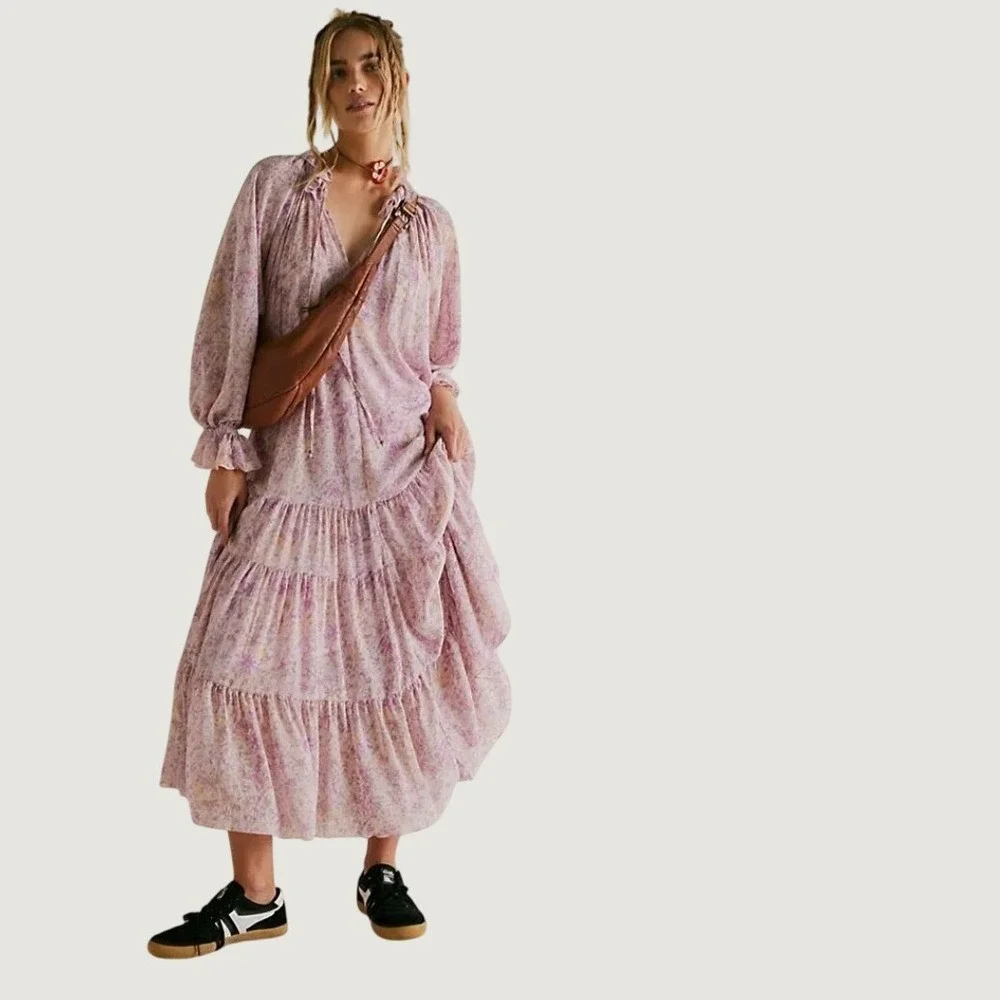 Free People Lavender Floral Tiered Boho Maxi Dress Long Sleeve Ruffle Neck XS - Picture 5 of 12